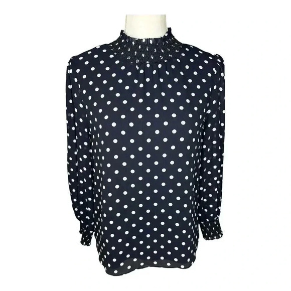J. Crew Size XXS‎ Black & White High Neck Smocked Dot Crinkle Chiffon Top - Picture 1 of 7
